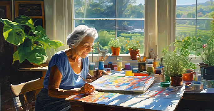 An elderly woman happily painting a landscape at a sunlit table surrounded by art supplies and plants.
