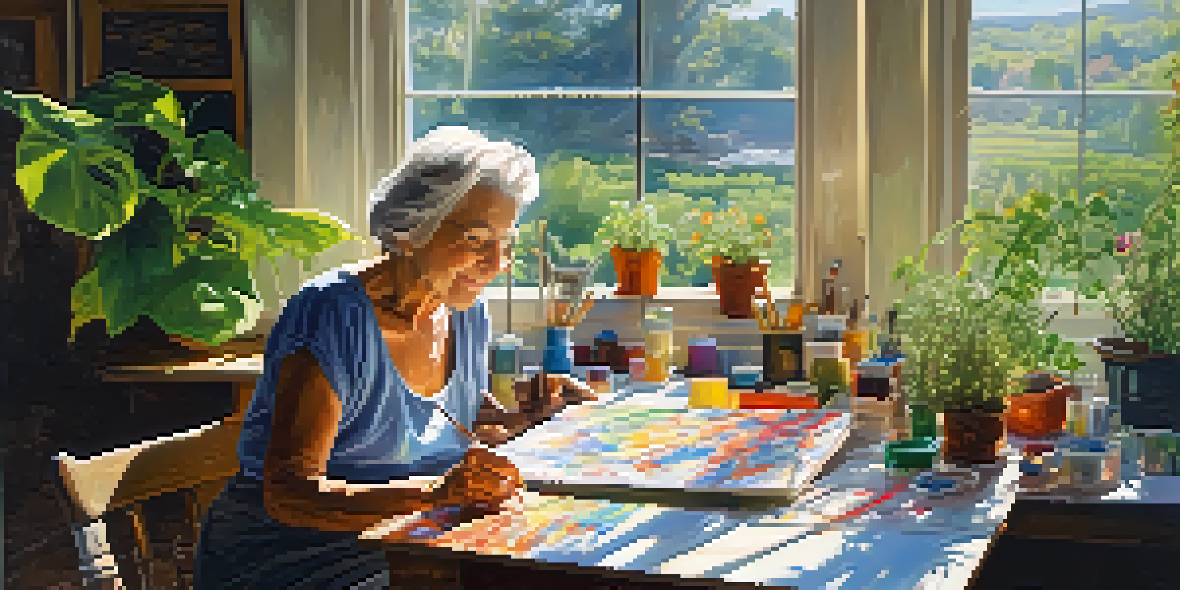 An elderly woman happily painting a landscape at a sunlit table surrounded by art supplies and plants.