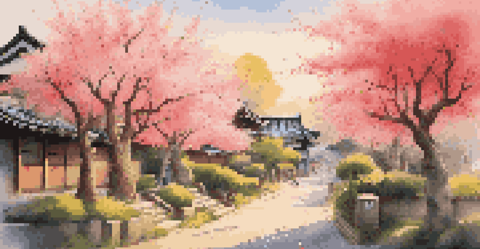 A peaceful landscape with a Japanese garden and a colorful street art mural, captured at sunset.