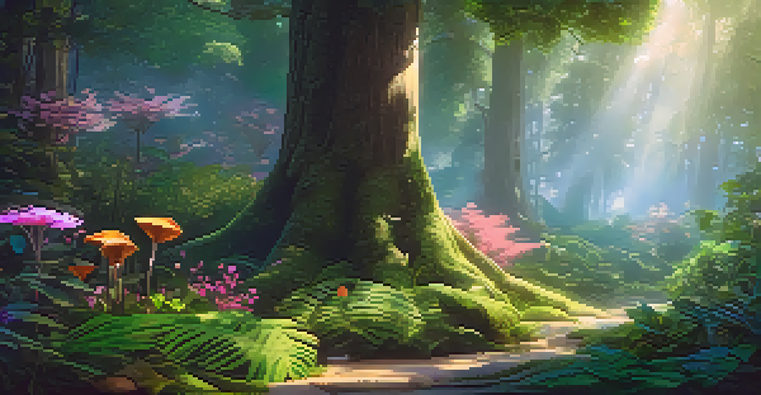 A serene digital landscape of a lush forest created with augmented reality, featuring vibrant plants and magical lighting effects.