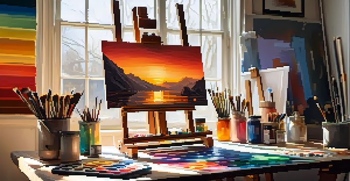 An artist working in a bright and colorful studio, surrounded by canvases and art supplies, illuminated by sunlight.