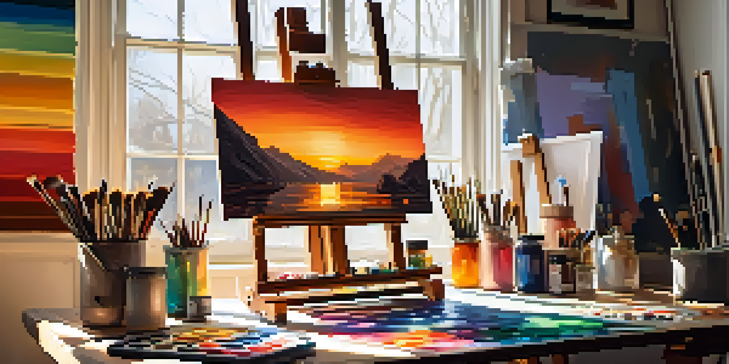 An artist working in a bright and colorful studio, surrounded by canvases and art supplies, illuminated by sunlight.