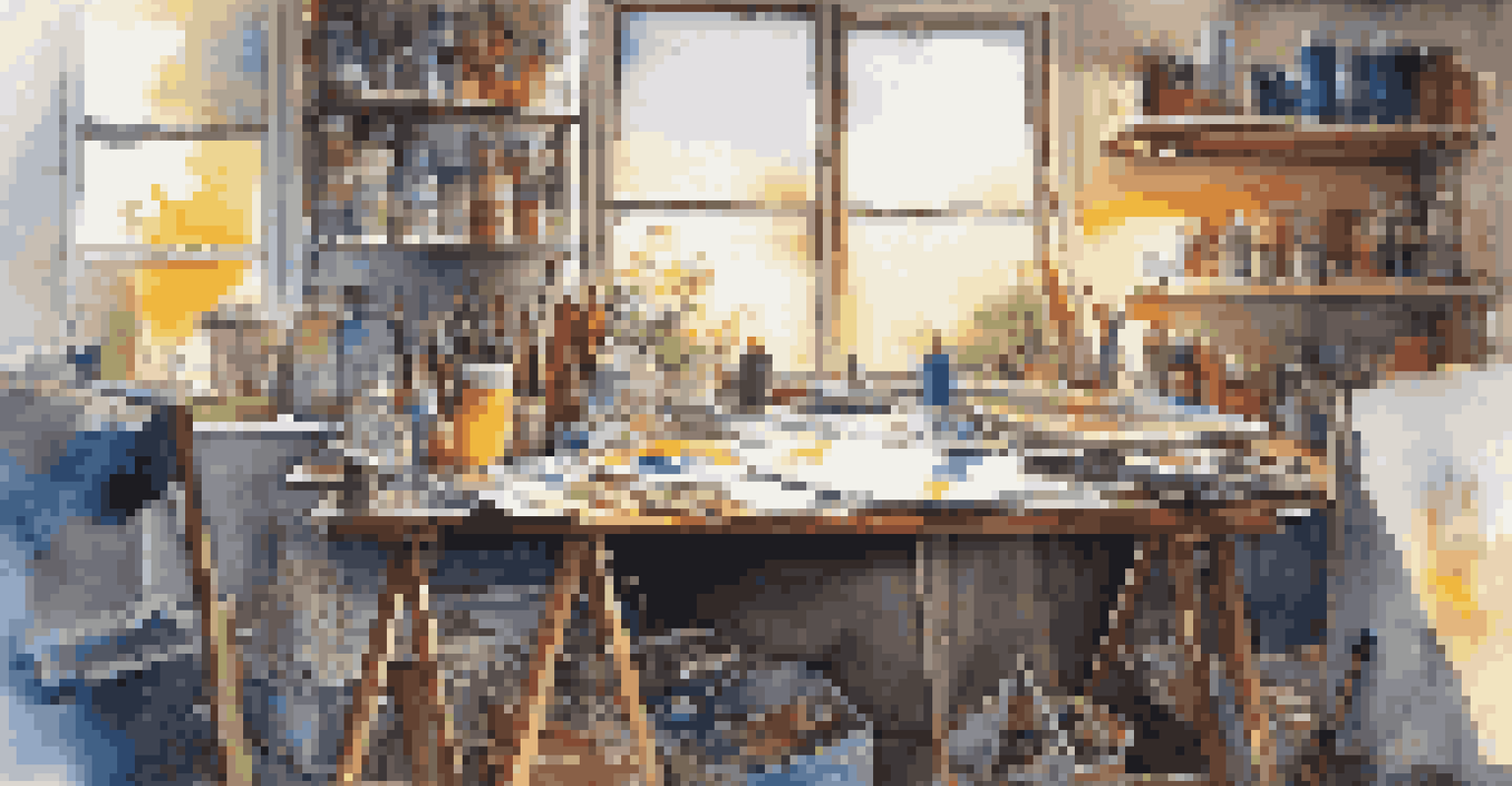 An artist's workspace with an open graphic novel and colorful art supplies.