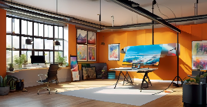 A digital art studio with a large drawing tablet, colorful paint swatches, and framed digital prints under warm lighting.
