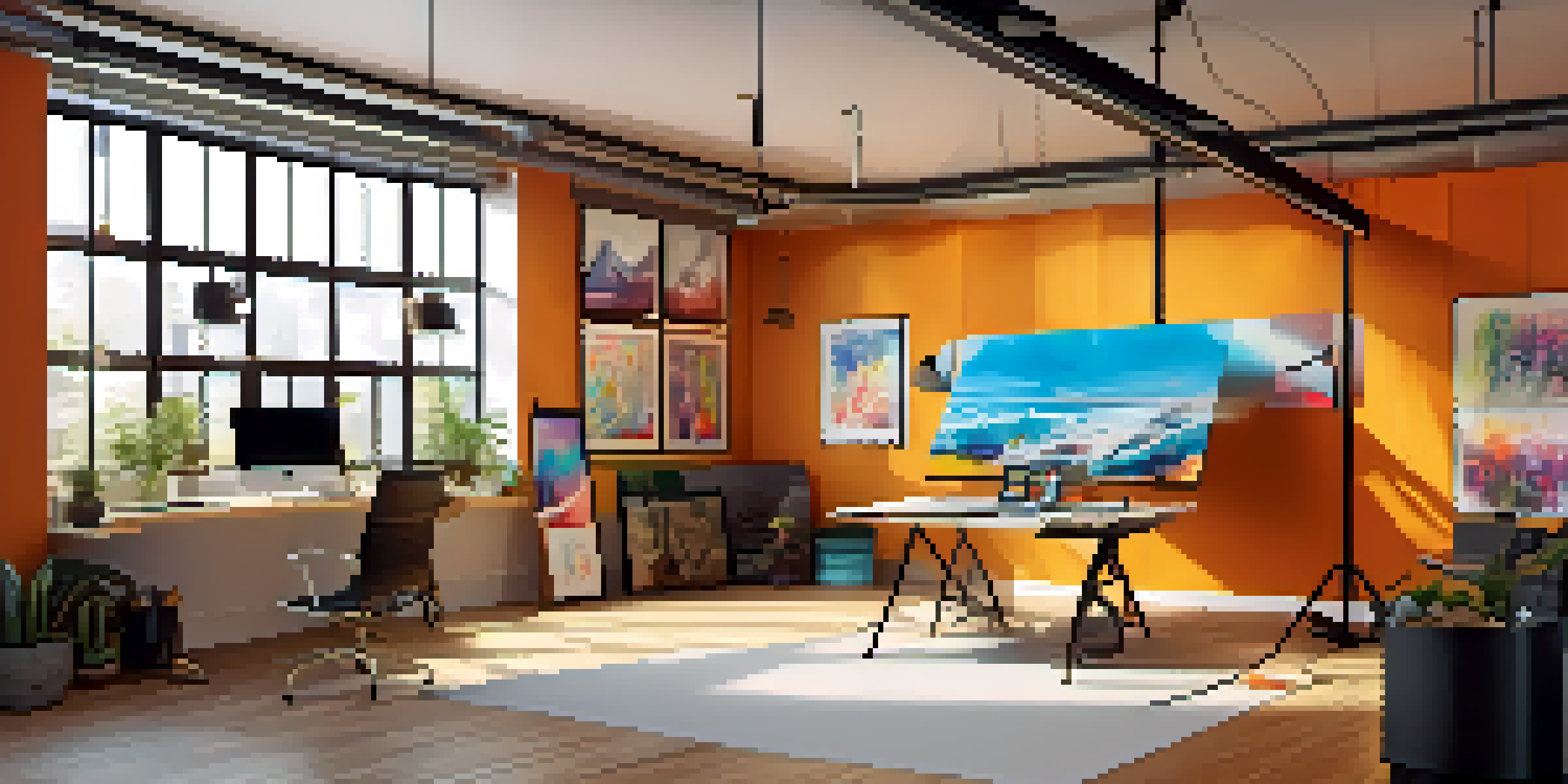 A digital art studio with a large drawing tablet, colorful paint swatches, and framed digital prints under warm lighting.