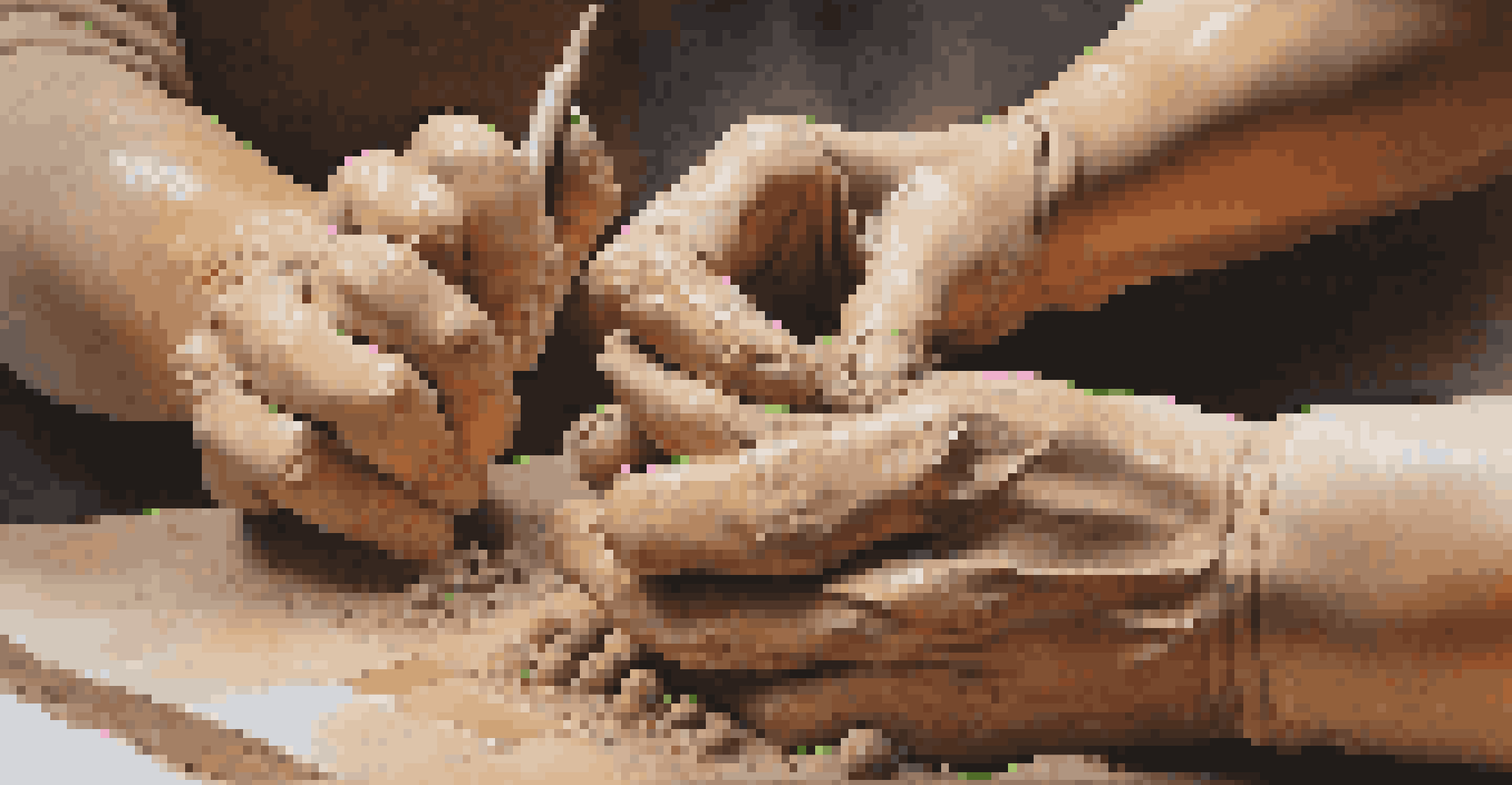 A close-up of hands shaping clay into a sculpture, with pottery tools in a softly blurred background.