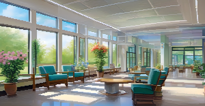 A hospital healing space filled with natural light, featuring a garden and calming colors, with art depicting nature on the walls.