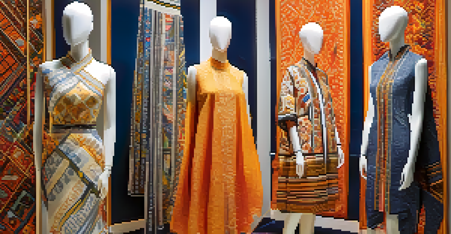 Modern fashion garments incorporating traditional textile motifs displayed on mannequins in a bright setting.