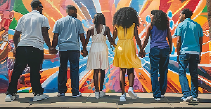 A colorful mural showing diverse individuals holding hands in unity against a bright graffiti background representing hope and justice.