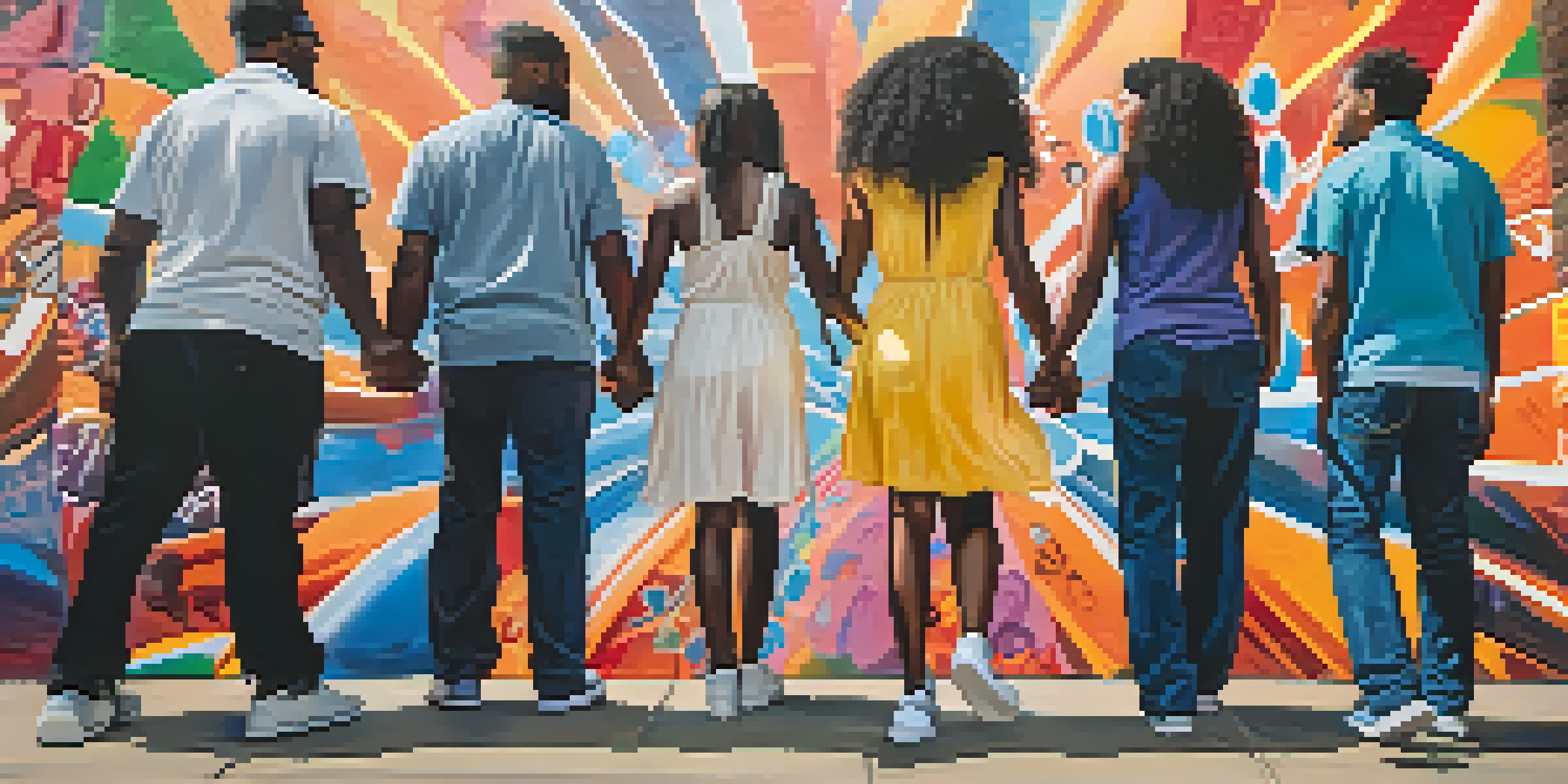 A colorful mural showing diverse individuals holding hands in unity against a bright graffiti background representing hope and justice.