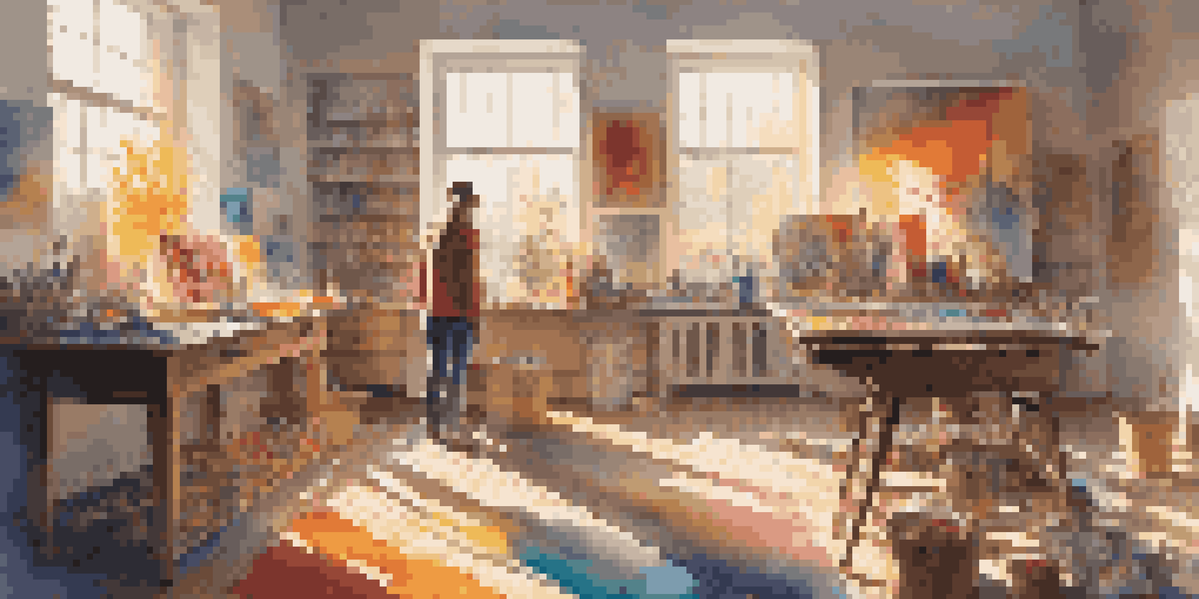 An artist in a colorful studio, working on a canvas with sunlight streaming through the windows.