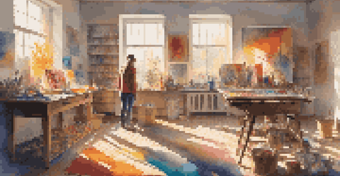An artist in a colorful studio, working on a canvas with sunlight streaming through the windows.