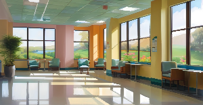 A brightly lit hospital corridor featuring colorful murals of local landscapes and comfortable seating areas filled with plants.