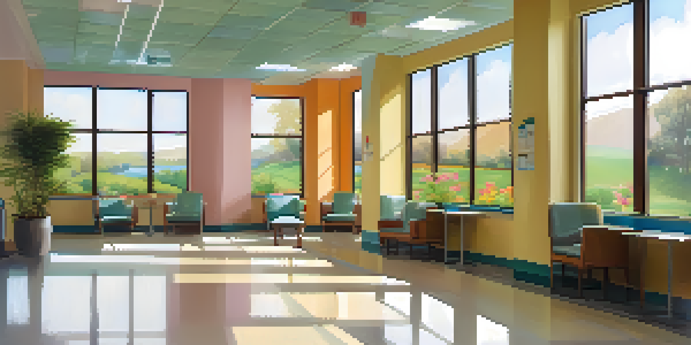 A brightly lit hospital corridor featuring colorful murals of local landscapes and comfortable seating areas filled with plants.