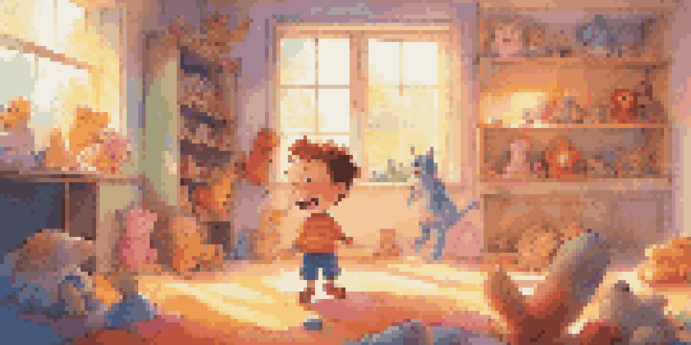 A joyful child laughing at a colorful animated show in a bright room filled with toys.