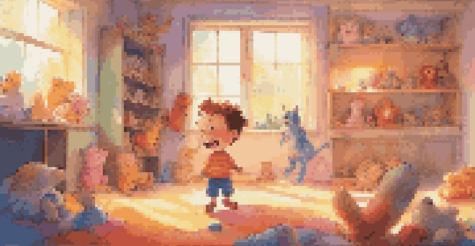 A joyful child laughing at a colorful animated show in a bright room filled with toys.