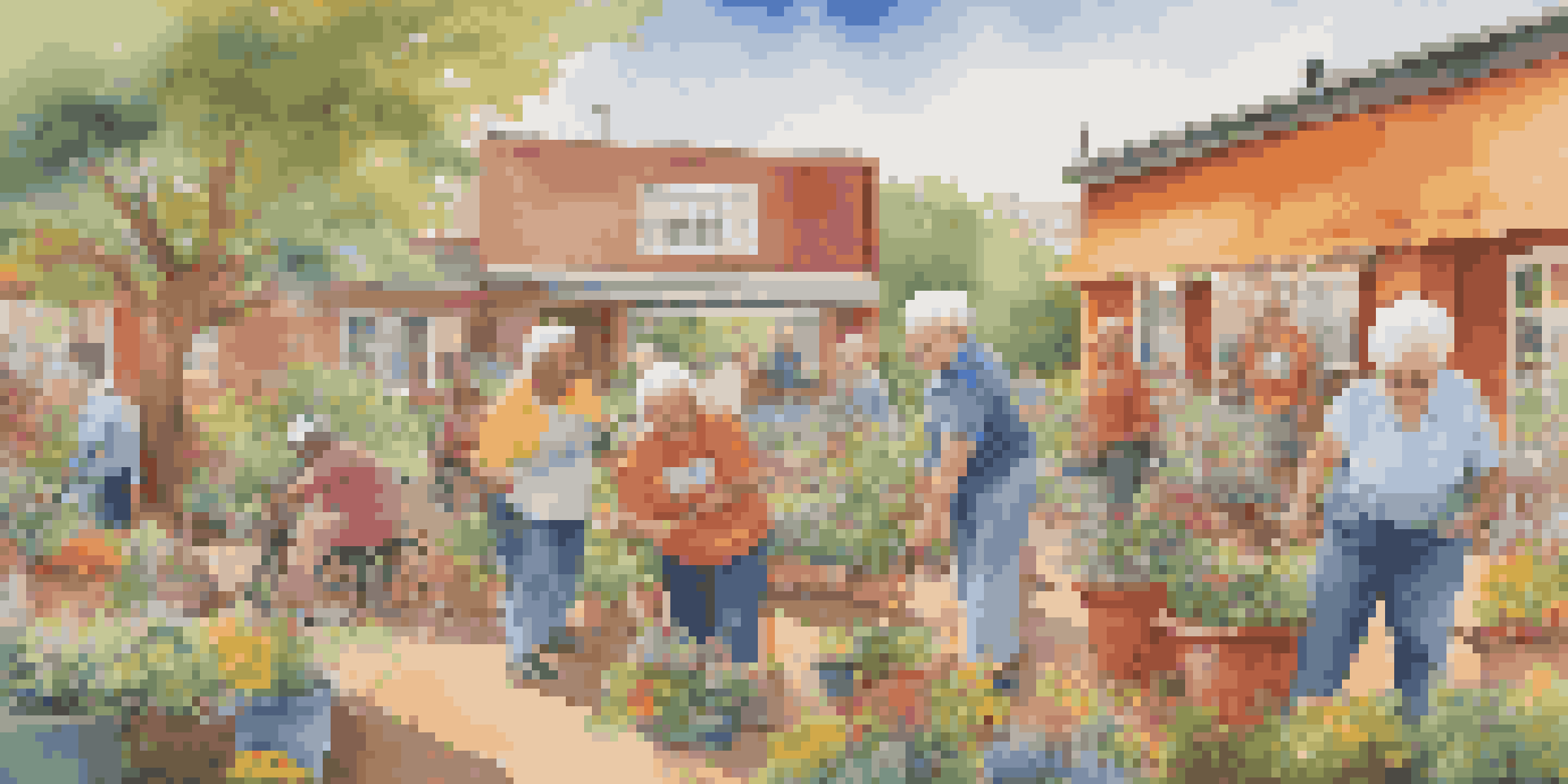 A colorful mural showing diverse seniors participating in activities like painting and gardening, set in a lively community scene.