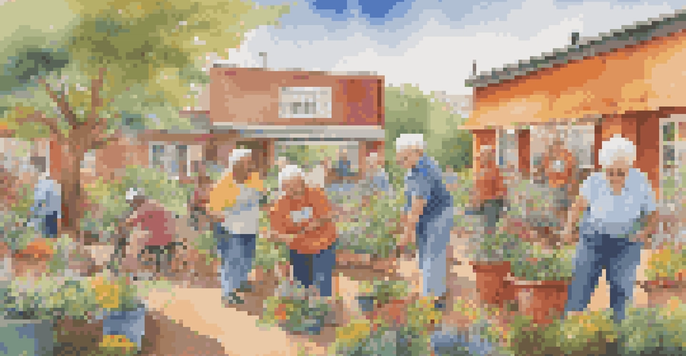 A colorful mural showing diverse seniors participating in activities like painting and gardening, set in a lively community scene.