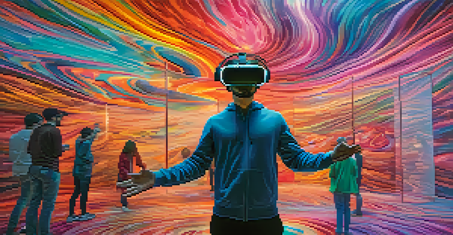 A person immersed in a virtual reality art experience, surrounded by swirling colors and shapes that react to their movements in a soft, ambient light.
