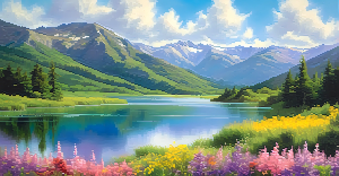 A peaceful lake surrounded by mountains with colorful wildflowers in the foreground and fluffy clouds in a blue sky.