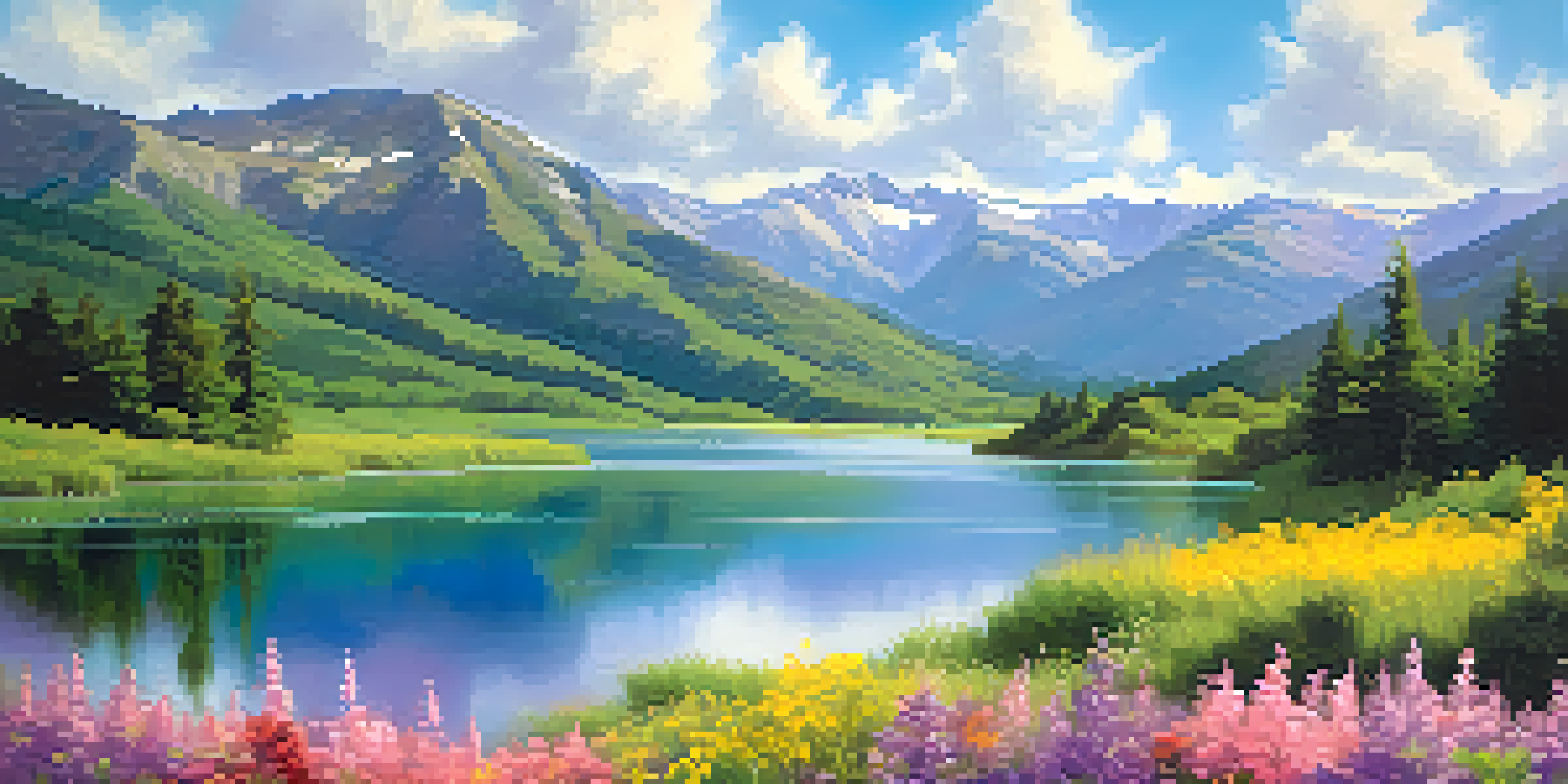 A peaceful lake surrounded by mountains with colorful wildflowers in the foreground and fluffy clouds in a blue sky.