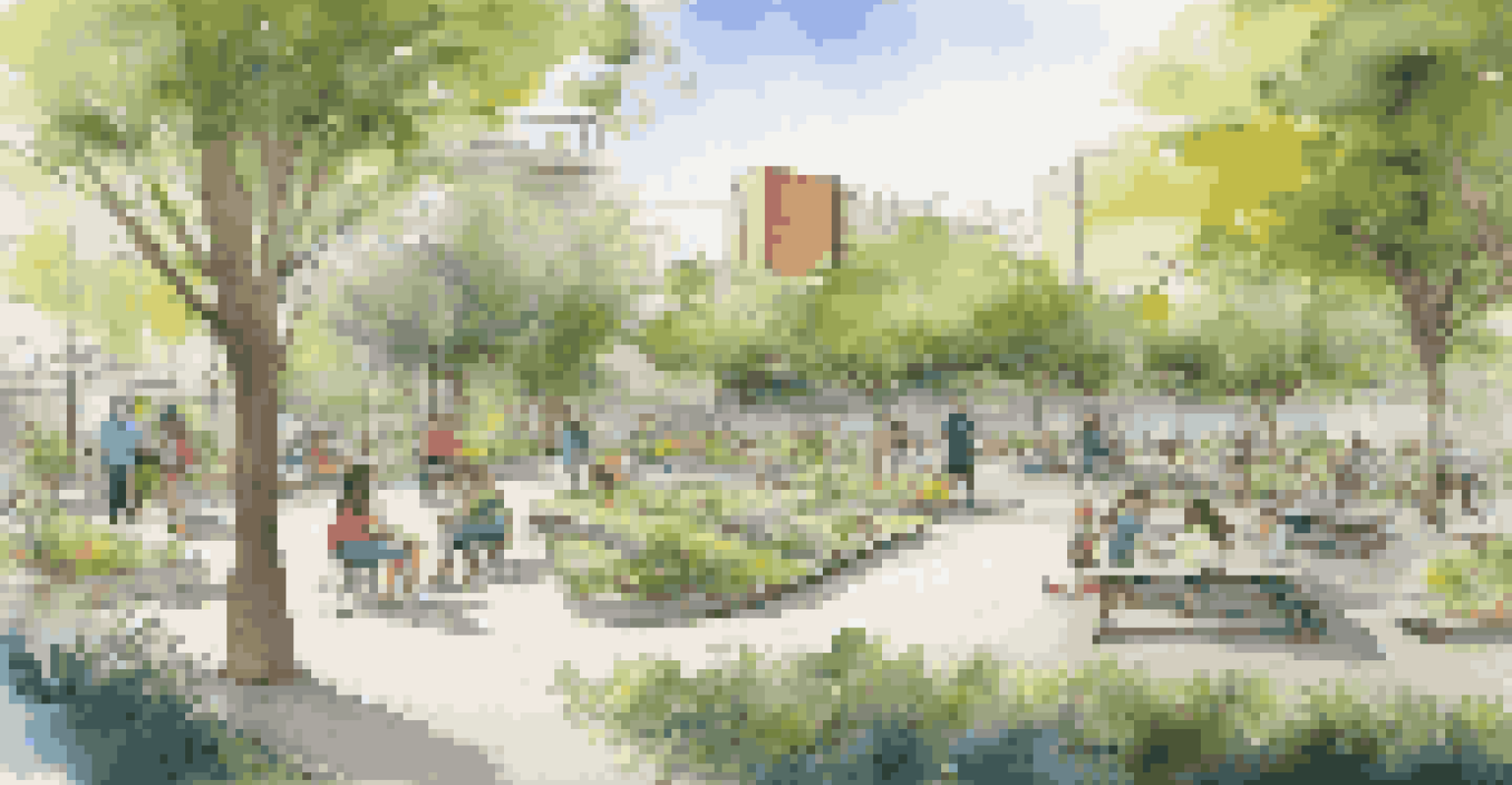 An interactive art installation made of recycled materials in a public park, with families enjoying the space and greenery all around.