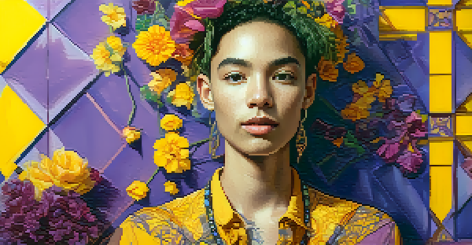 A colorful mixed media portrait of a non-binary person surrounded by floral and geometric patterns, illuminated by soft natural light.