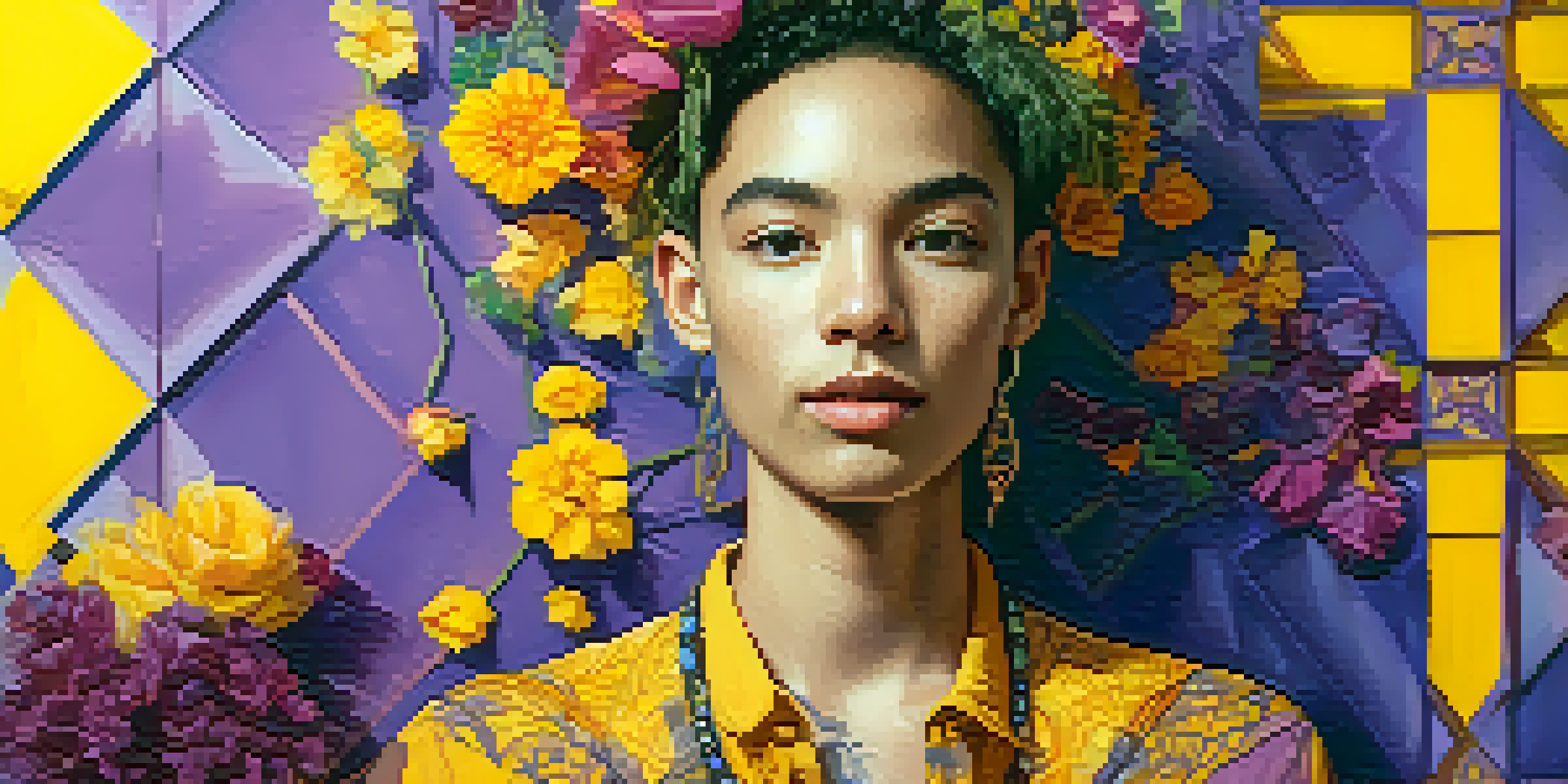 A colorful mixed media portrait of a non-binary person surrounded by floral and geometric patterns, illuminated by soft natural light.