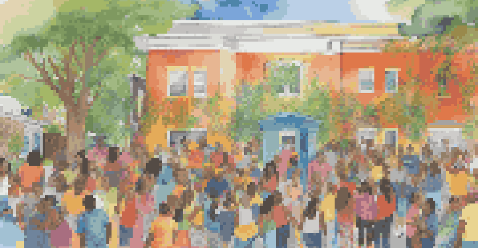 A diverse group of people working together on a colorful community mural, interacting and smiling as they paint.