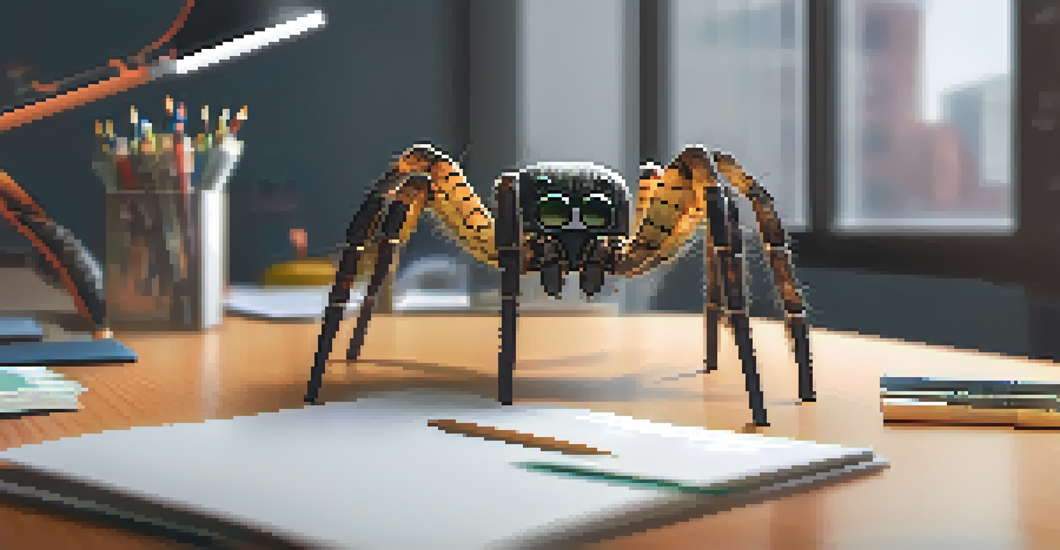 A fake spider on an office desk with a surprised person laughing in the background, capturing a humorous prank moment.