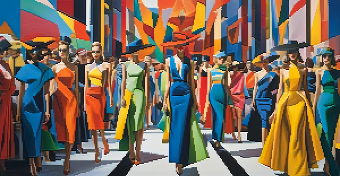 A fashion runway with models displaying colorful geometric outfits inspired by Cubism, with an abstract painting as the backdrop.