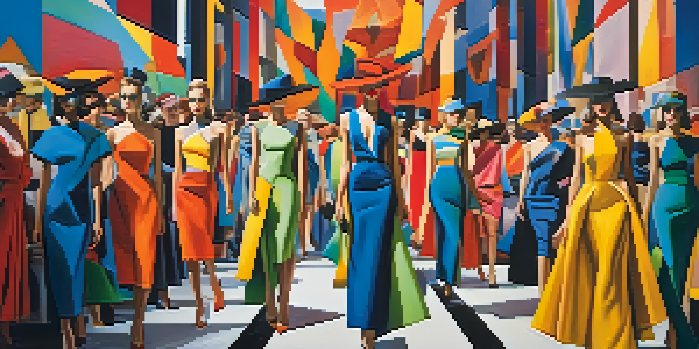 A fashion runway with models displaying colorful geometric outfits inspired by Cubism, with an abstract painting as the backdrop.
