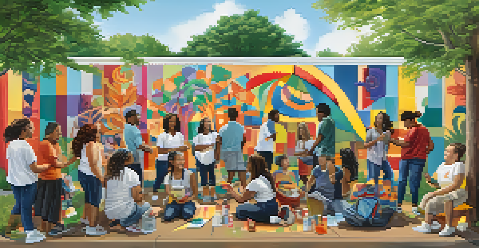 A collaborative mural painting in a community setting, showcasing diverse individuals creating symbols of hope and resilience together.
