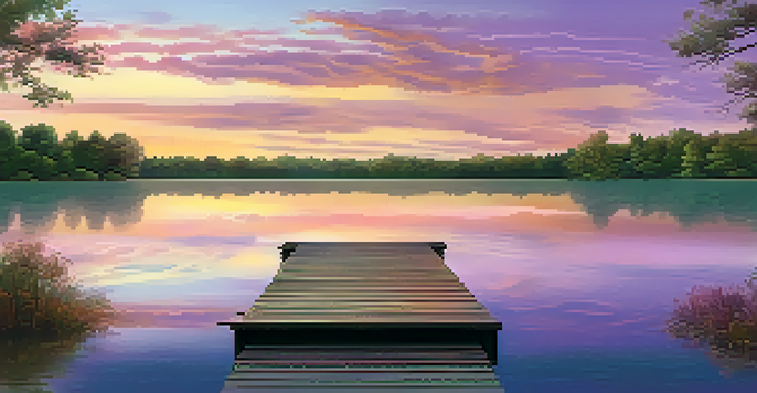 A peaceful sunset over a still lake with colorful skies and reflections in the water, featuring a wooden dock.