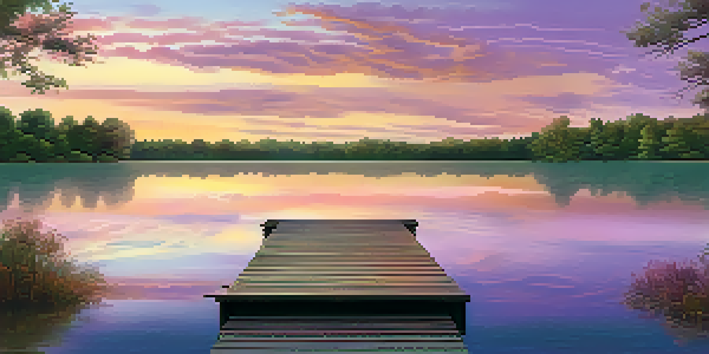A peaceful sunset over a still lake with colorful skies and reflections in the water, featuring a wooden dock.