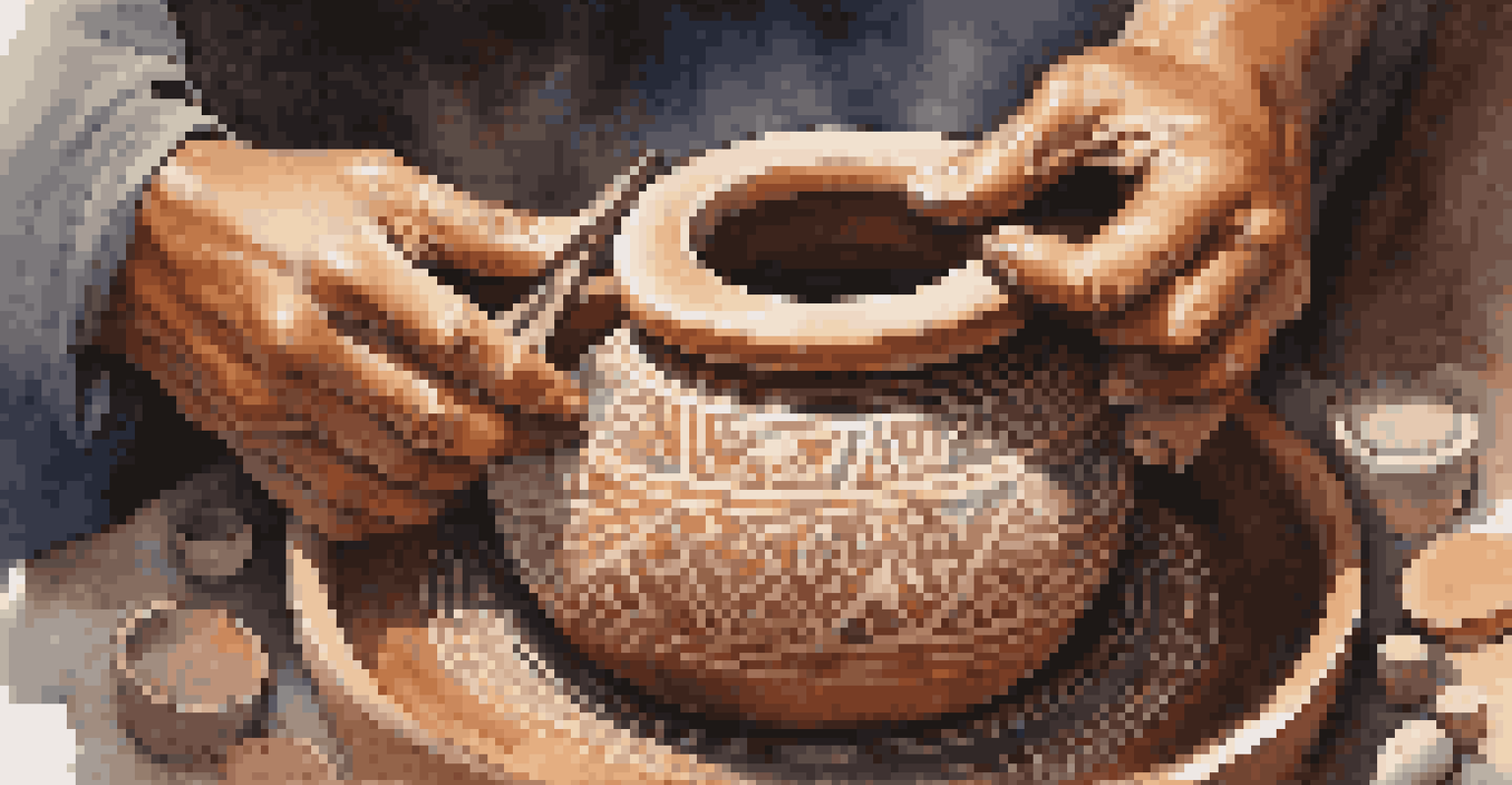 Close-up of hands shaping pottery on a wheel, with intricate designs that symbolize unity and cultural heritage.