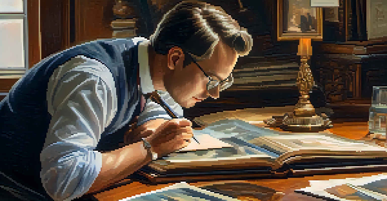A close-up of an art appraiser examining a vintage painting, using a magnifying glass, surrounded by art books and a laptop.