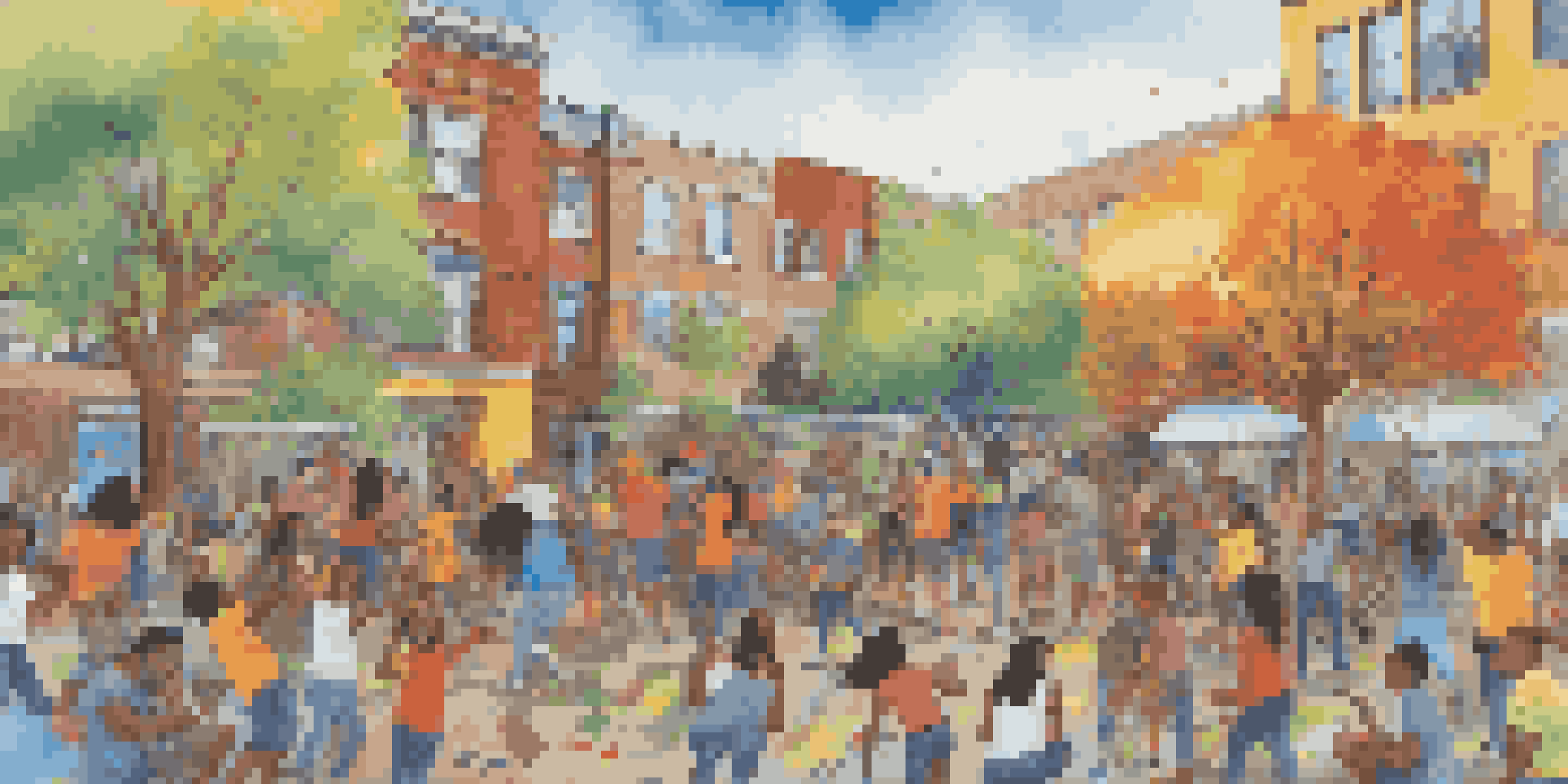 A diverse group of youth collaboratively painting a colorful mural in a sunny urban park, symbolizing hope and unity.
