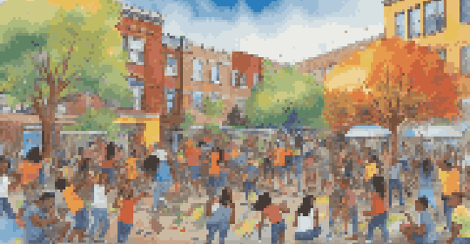 A diverse group of youth collaboratively painting a colorful mural in a sunny urban park, symbolizing hope and unity.