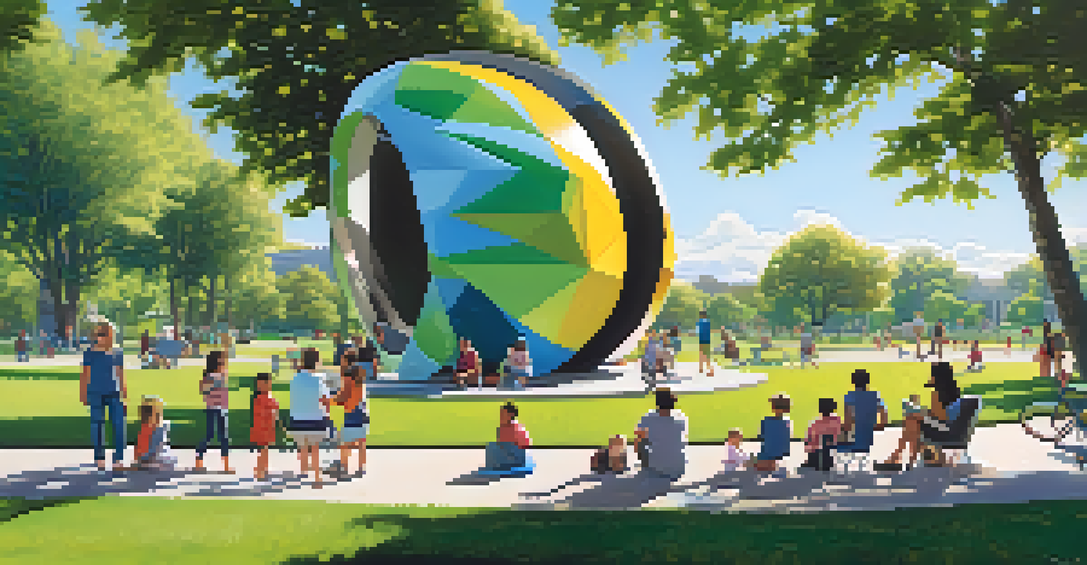 A public park with a large sculpture made from recycled materials, featuring families and children enjoying a sunny day with clear blue skies.