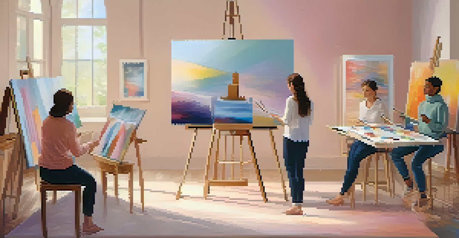 A calming art therapy session with participants painting and a therapist guiding them, surrounded by pastel colors and a supportive environment.