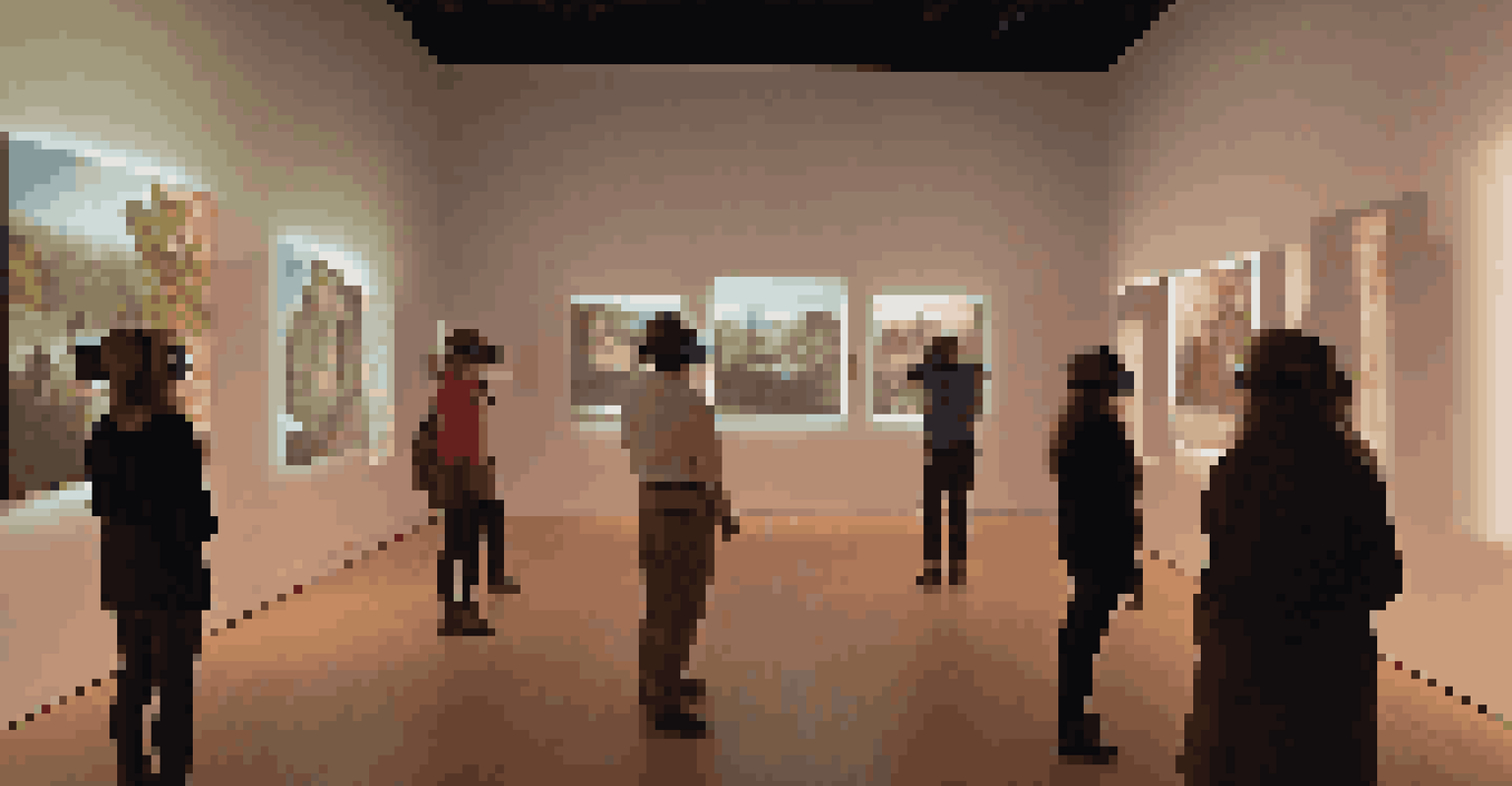 A dimly lit gallery featuring a virtual reality installation where visitors engage with historical events through VR headsets, surrounded by reflective artworks.