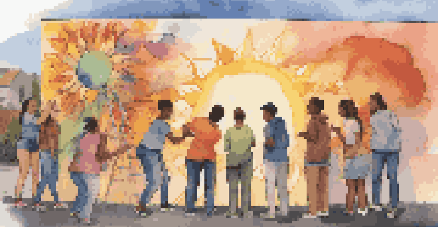 A diverse group of young people collaborating on a vibrant outdoor mural, with a sunset in the background and onlookers admiring their work.