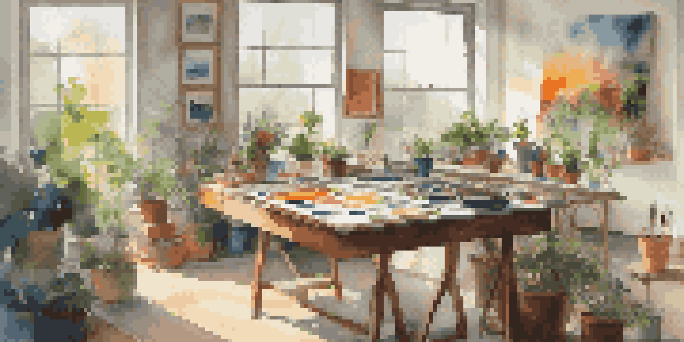 A bright art studio with natural light, featuring a messy table with paints and brushes, and a colorful abstract painting on the canvas.