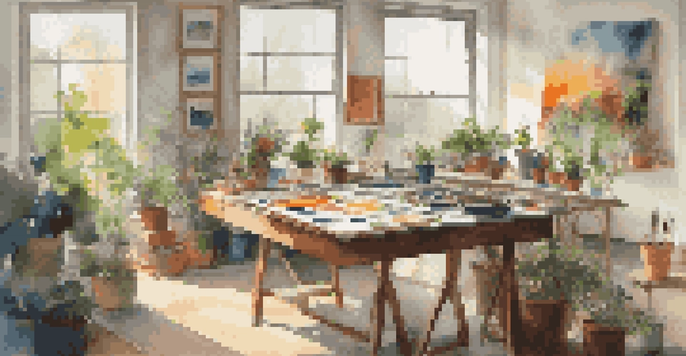A bright art studio with natural light, featuring a messy table with paints and brushes, and a colorful abstract painting on the canvas.
