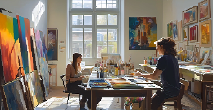 A diverse group of artists working together in a bright art studio, discussing their creations with various artworks displayed around them.