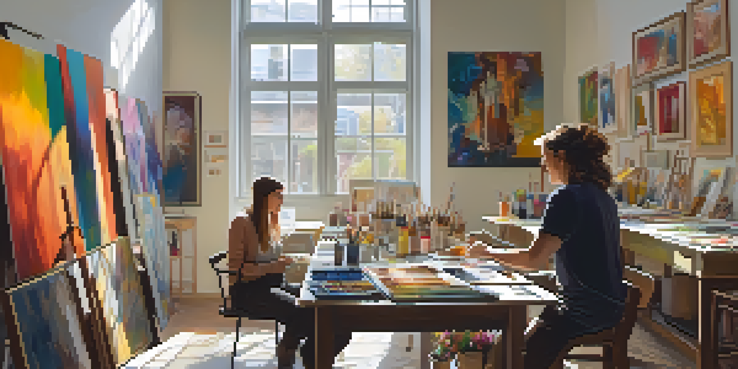 A diverse group of artists working together in a bright art studio, discussing their creations with various artworks displayed around them.