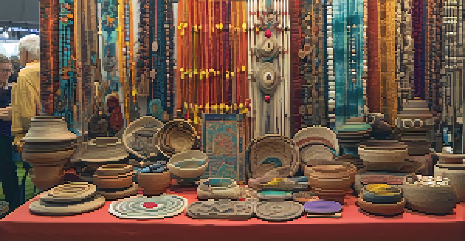 A display of handmade crafts at an art festival booth, featuring pottery, jewelry, and textiles under soft lighting, highlighting the craftsmanship.