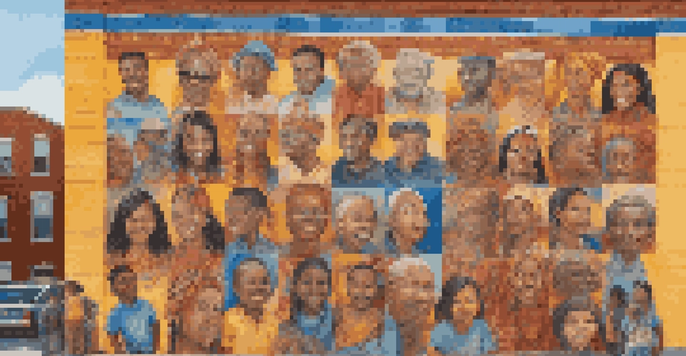 A colorful mural on a brick wall depicting diverse faces and cultural symbols, with people admiring it in a sunny setting.