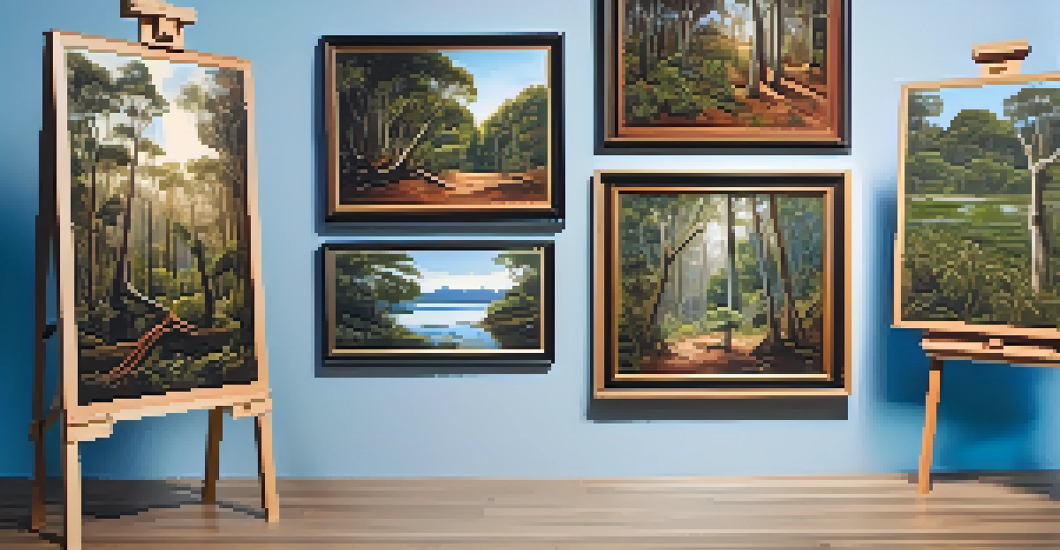 Indigenous Australian bark paintings exhibited outdoors against a backdrop of lush greenery and a blue sky.